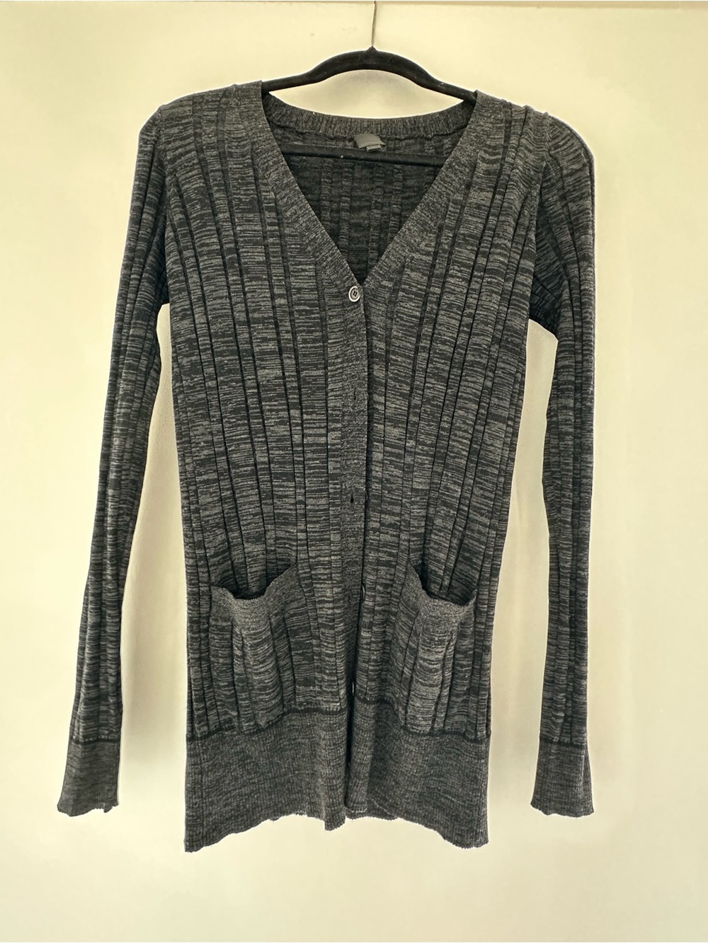 Ribbed V-Neck Cardigan Sweater - Charcoal Gray